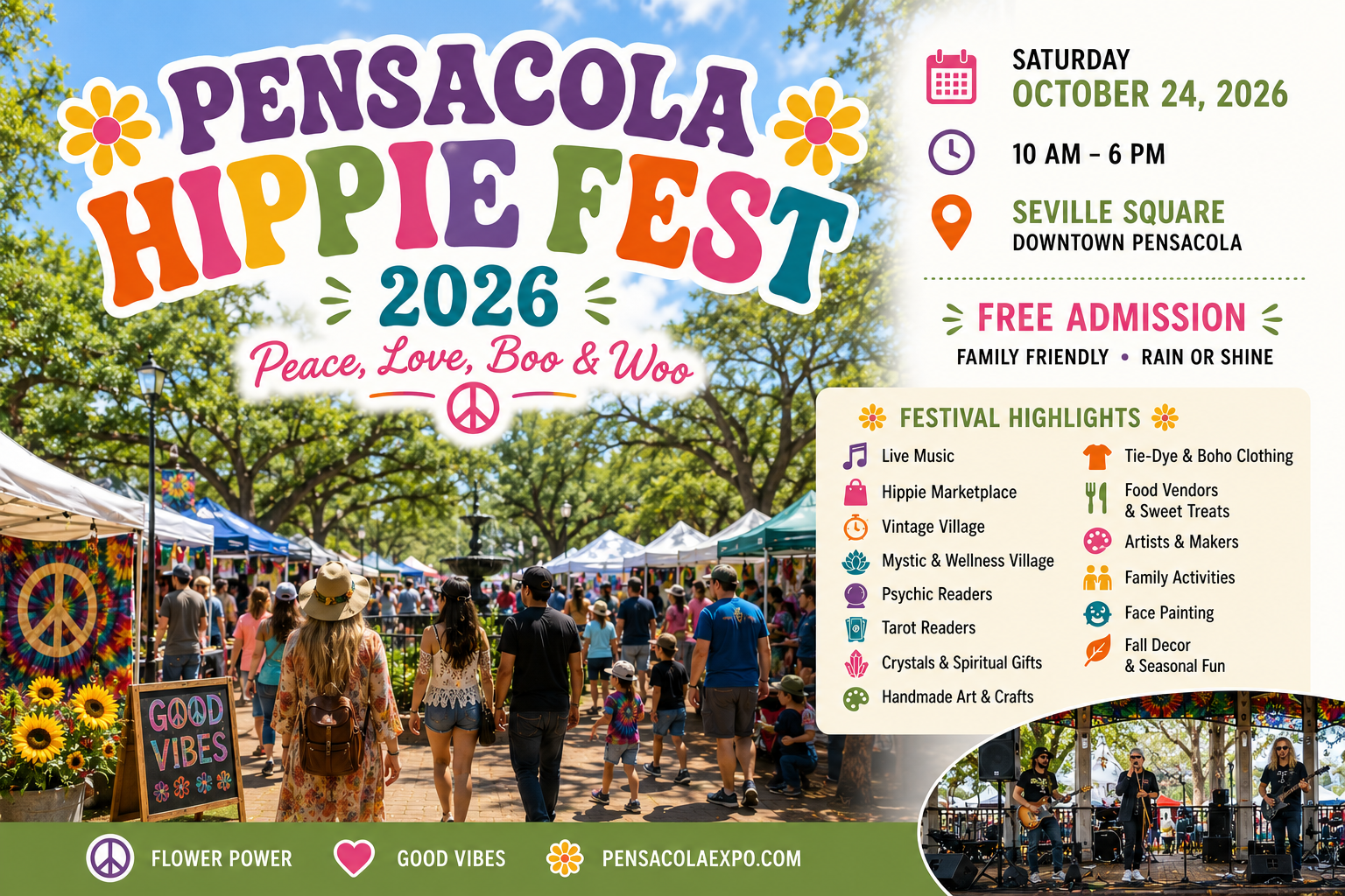 Pensacola Hippie Fest 2026 poster — Saturday October 24, 2026, 10am to 6pm, Seville Square, Downtown Pensacola, free admission
