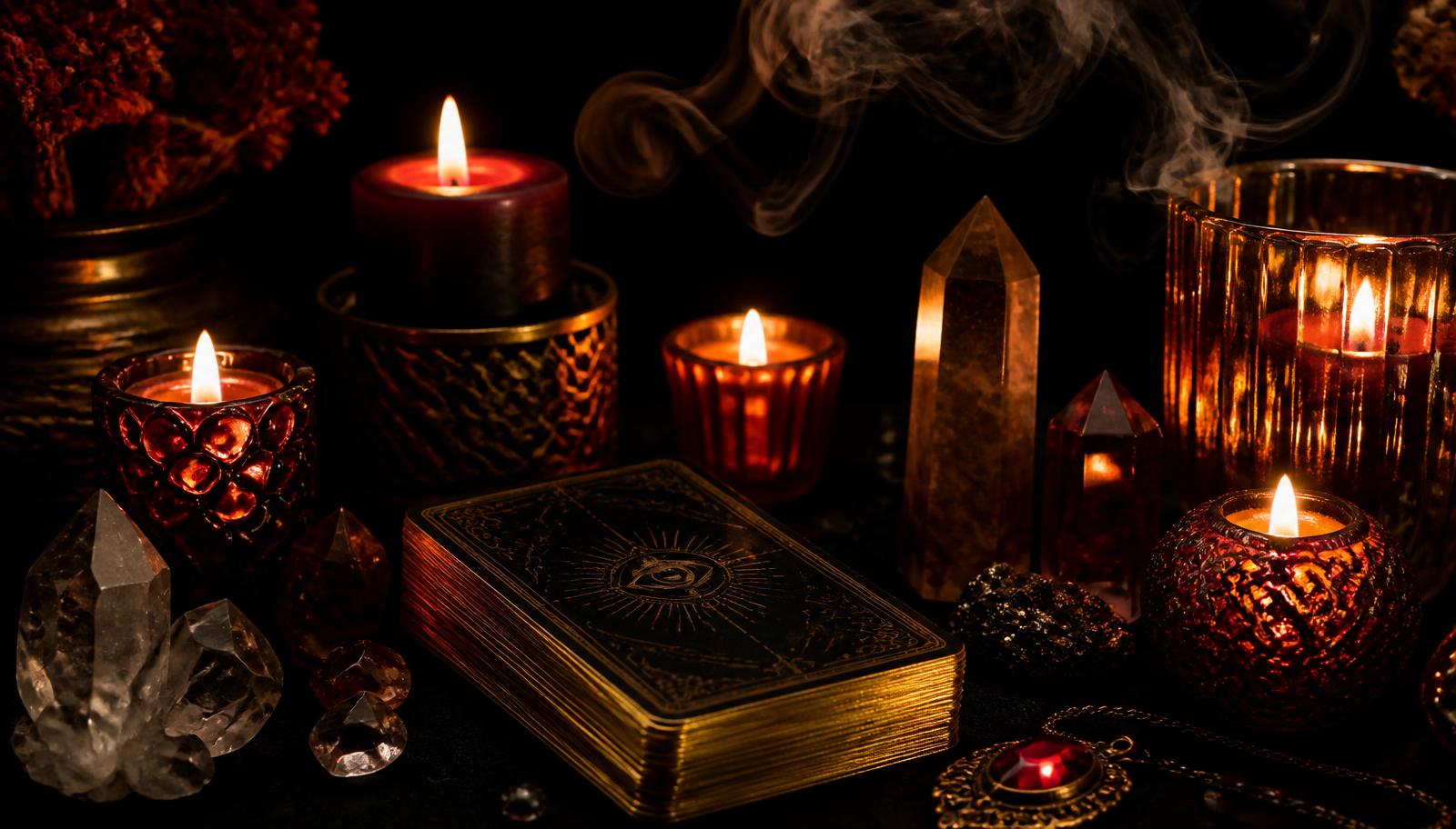 Candles and crystals arranged for a psychic development practice session